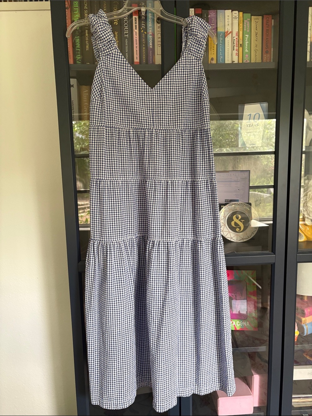 Old Navy Blue and White Gingham Tiered Maxi Dress